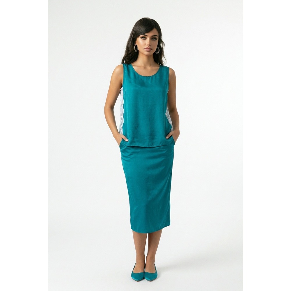 Ellen Ashley Teal Blue 100% Silk Tank Top Lace Trim Side Slits Womens Medium